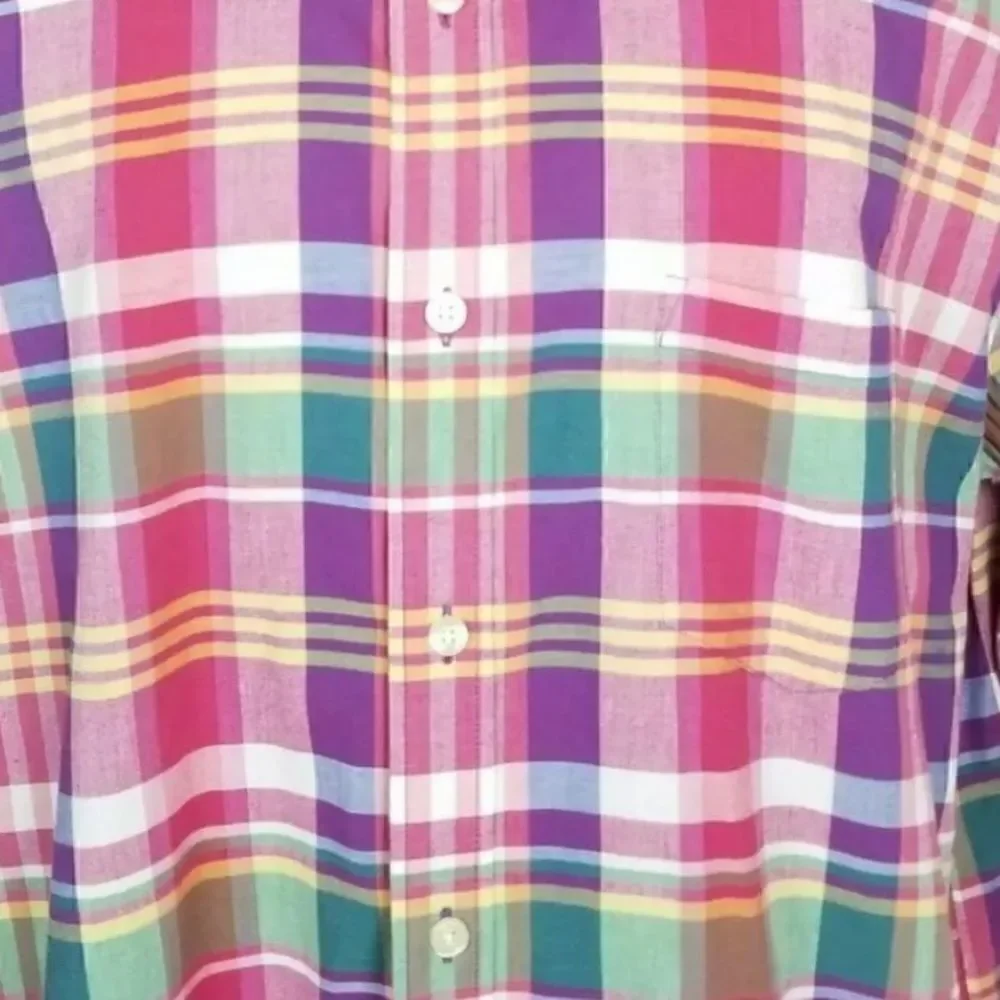 J. Crew Size XL Slim Fit Summer Plaid Button Down Shirt Pink Purple Green Blue